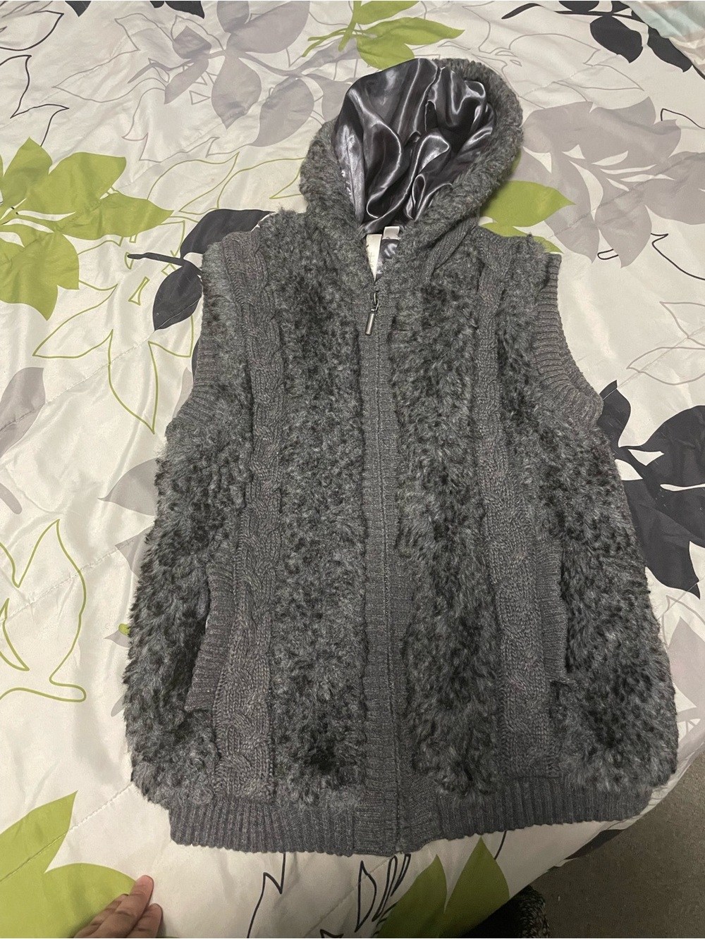 GreenTea Charcoal Gray Faux-Fur Knit Hooded Vest